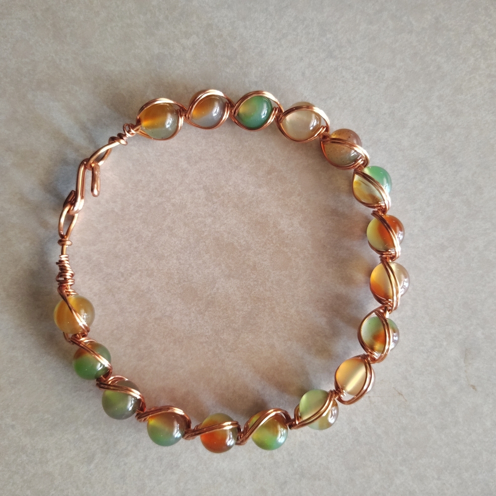 Handcrafted Copper Wire Bracelet with Multicolor Agate Beads - Women Jewelry